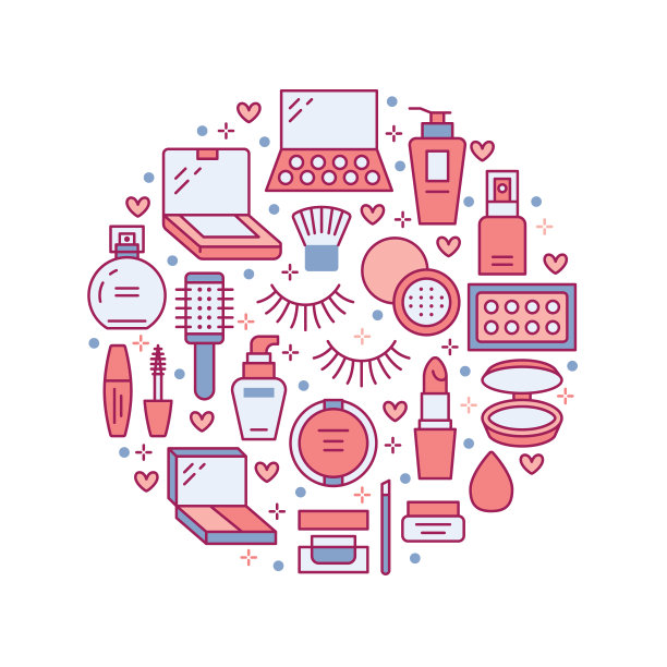 彩妆美容护理红圈海报概念与平线图标。口红、睫毛膏、粉、眼影粉底、指甲油的化妆品插图。可爱的小册子薄标志为化妆品商店图片下载