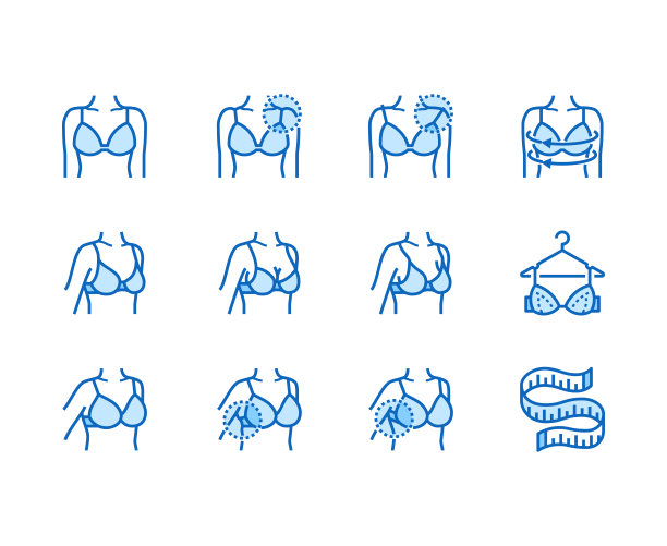 内衣平线图标集。文胸试穿，用卷尺测量乳房，女性身体在内衣中的矢量插图。服装店的招牌很薄。像素64 x64完美。可编辑的中风图片下载