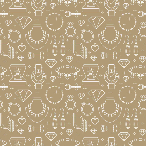 珠宝无缝图案，线条插画。矢量图标的珠宝配件-金订婚戒指，钻石，珍珠项链，护身符，手表。时尚店色彩柔和，背景重复图片下载