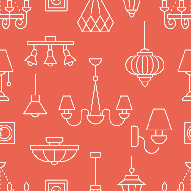 灯具、灯具无缝图案、插图。家用照明设备的矢量图标-吊灯，电源插座。室内商店的重复背景图片下载