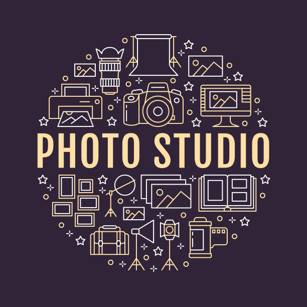 摄影器材海报与平线图标。矢量圆插图，概念影楼小册子。数码相机、照片、灯光摄像机、照片配件、存储卡、胶卷图片下载