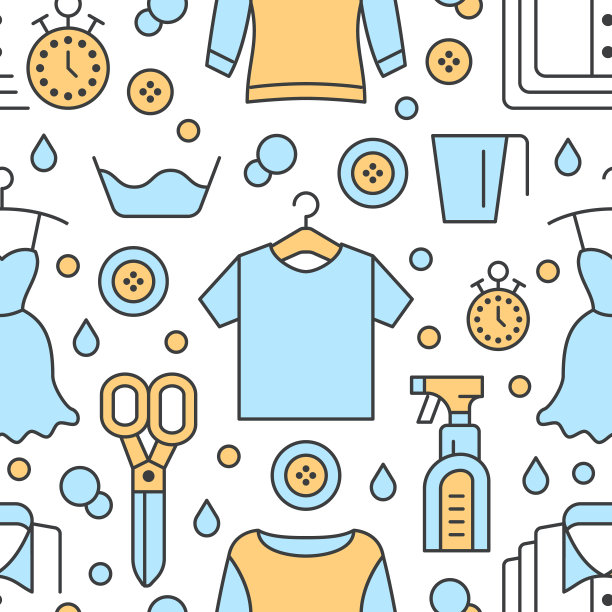 干洗，洗衣蓝无缝图案与线条图标。洗衣店服务设备，服装修理，服装洗涤，衬衫。背景自助洗衣店图片下载