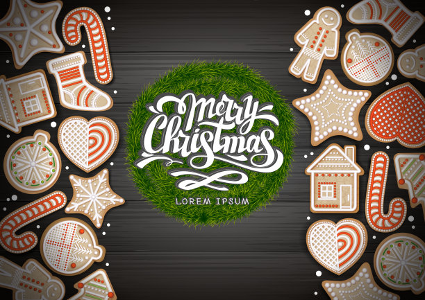 俯视图的快乐圣诞概念设计。木制背景上的节日饼干。圣诞节的食物图片下载