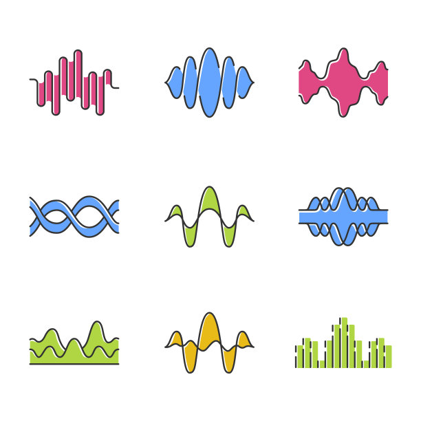 声音和音频波颜色图标设置。录音，无线电信号波形。数字声波。旋律振幅水平。Dj均衡器，音轨频率。孤立的矢量插图图片下载