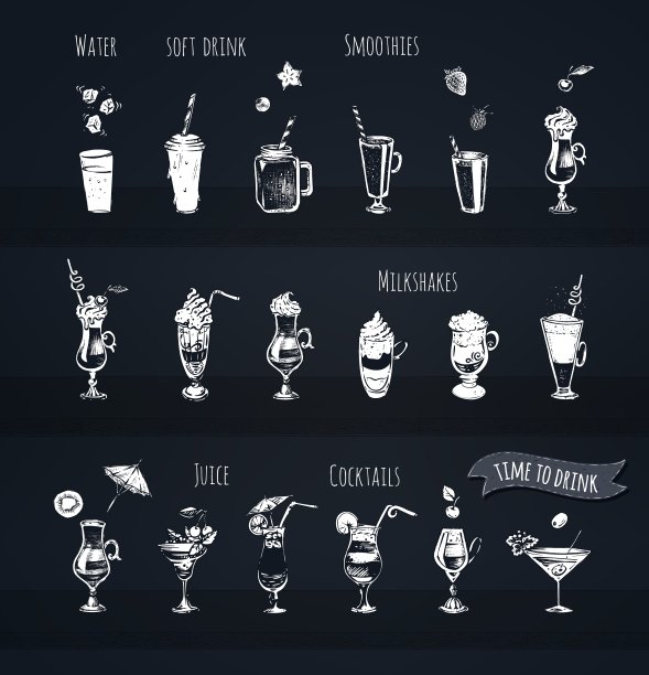 菜单栏的设计。酒精鸡尾酒，软饮料，水和冰沙图标。酒精饮料的复古手绘素描。粉笔画风格矢量插图的聚会饮料在黑色黑板上图片下载