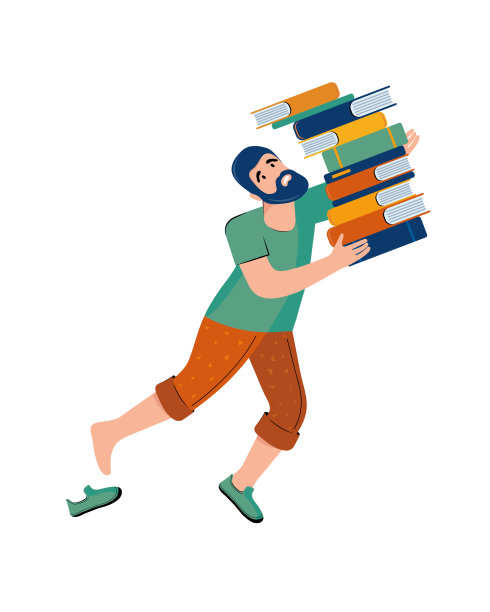 文学爱好者：拿着一大堆书的有趣男人。行动中的男人绊倒了，掉下了书。文学爱好者。留着胡子的人很匆忙。卡通人物。手绘插图图片下载