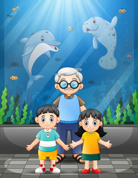 爷爷和孩子们在一个巨大的水族馆里看海洋动物图片下载