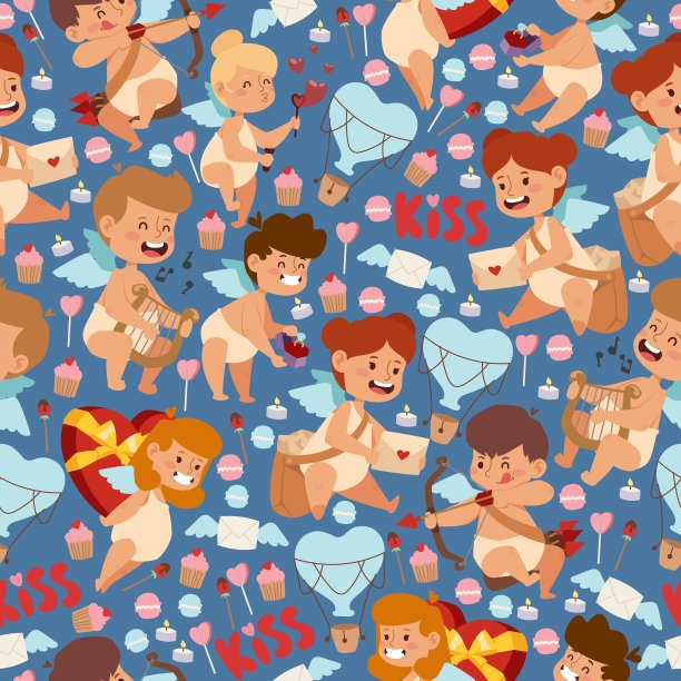 丘比特婴儿在无缝模式，矢量插图。情人节礼物包装纸，可爱的爱的小天使。丘比特用箭瞄准，心的象征图片下载