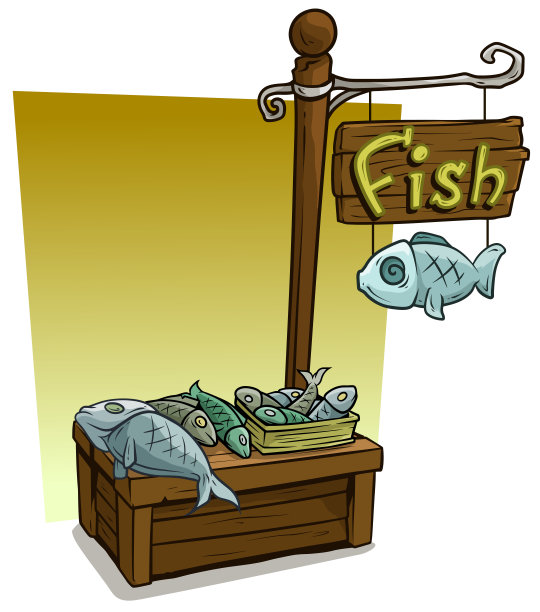 卡通鱼小贩摊位市场的木制摊位图片下载