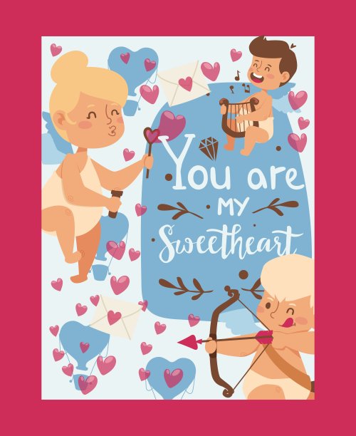 情人节印刷海报，矢量插图。卡片模板与浪漫的引述你是我的甜心。可爱的丘比特宝宝和爱的象征。情人节小天使图片下载
