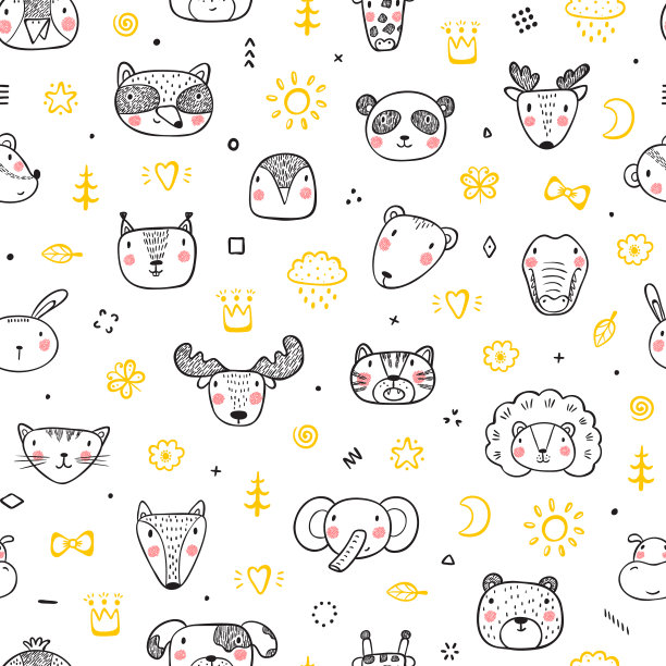 可爱的动物脸无缝图案。手绘涂鸦卡通动物和鸟类。儿童矢量背景图片下载