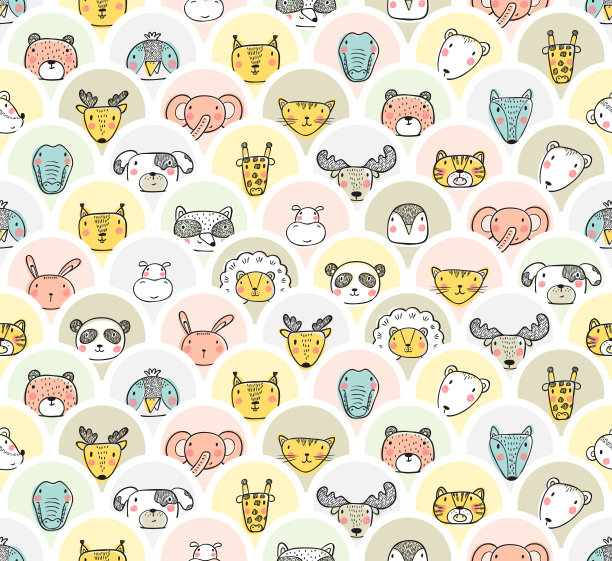 可爱的动物脸头圆形贴纸设置无缝图案。手绘涂鸦卡通有趣的野生动物，宠物和鸟类标签矢量背景的孩子图片下载