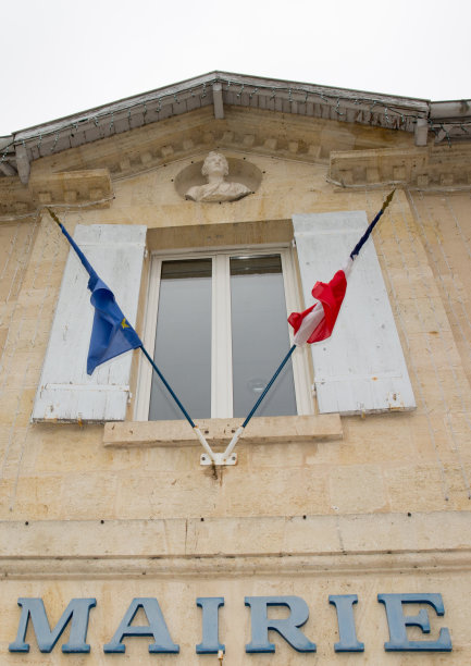 这是一个非常漂亮的市政厅，上面挂着欧洲和法国的国旗图片下载