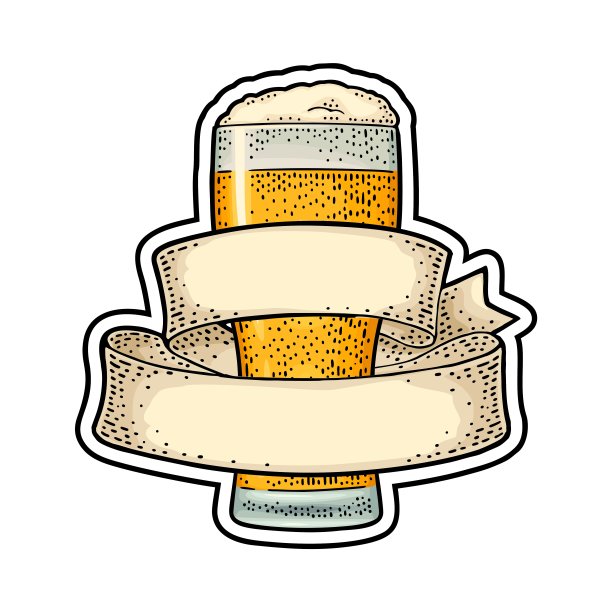 带丝带的玻璃啤酒。矢量雕刻颜色复古图片下载