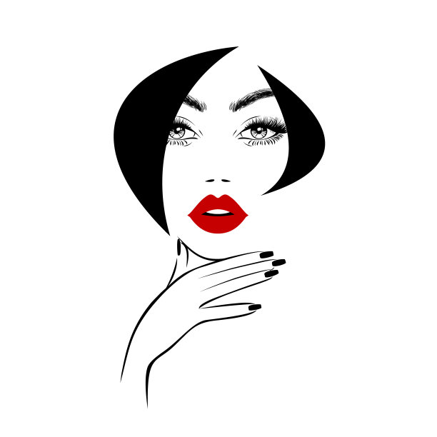 美丽的女人脸上有红色的嘴唇，茂盛的睫毛，手上有红色的指甲，黑色的头发，时尚复古的发型。美丽的标志。指甲艺术工作室。壁纸背景。矢量插图。图片下载