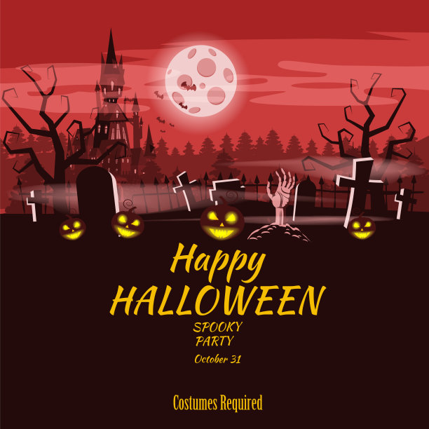 万圣节快乐的南瓜、墓地、黑色废弃的城堡、万圣节的属性、鬼魂、蜘蛛、黑猫、女巫的扫帚、昏暗的秋天的森林、全景、月亮、十字架和墓碑。向量,孤立,tem图片下载