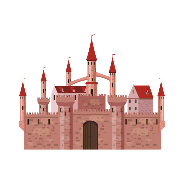 城堡、要塞、古建筑、中世纪欧洲、中世纪宫殿的高塔和圆锥形屋顶、矢量、条幅、孤立、插图、卡通风格图片下载