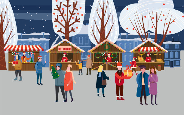 小镇广场上的圣诞集市或假日户外集市。人们在装饰精美的小摊、雨棚或小摊之间走动，购买零食、礼物、装饰，喝热咖啡、茶和热葡萄酒。彩色矢量插图在趋势卡通扁平风格。隔离图片下载