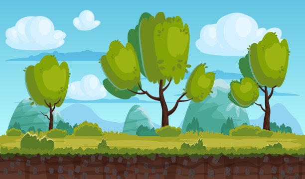 美丽的乡村风景，田野，树木。背景山脉,云。适用于游戏、应用、动画、矢量、孤立、卡通风格素材图片