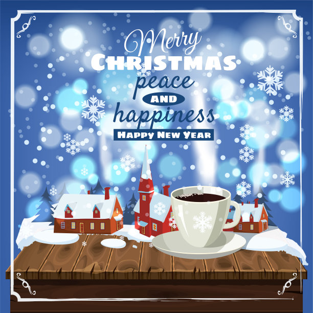 雪地村庄咖啡圣诞贺卡矢量素材图片下载