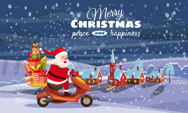 圣诞快乐新年好，快乐的圣诞老人带着礼品盒骑着滑板车，冬季景观背景，城镇，雪，圣诞节日主题设计元素，用于当代卡通风格的贺卡、横幅、广告，矢量图示图片下载