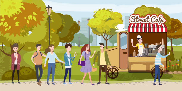 咖啡轨道，货车，推车，咖啡师，轨道，快乐的人们排队在公园的咖啡，男人和女人，不同的人物，户外，街头食品，矢量，插图，孤立的卡通风格图片下载
