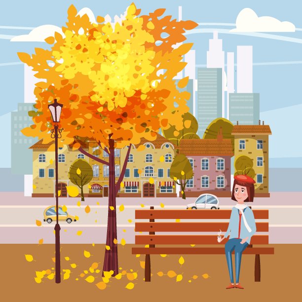 你好秋天，快乐的女孩坐在长椅上喝着一杯咖啡，在一棵落叶飘落的树下，在一个公园，城市，城市，字母，矢量，插图，孤立图片下载