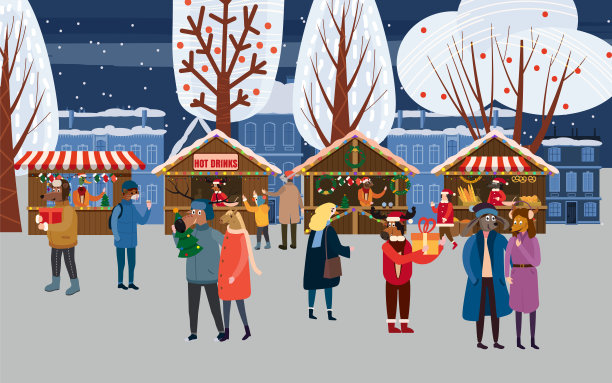 圣诞集市，城镇市场拟人化的动物角色在人类冬天的衣服大衣，夹克，鞋子，拖鞋，熊，猫，鹿，马，兔子，野兔，狐狸，麋鹿，冬天，雪。矢量，平面风格，插图，孤立，模板，海报，图片下载