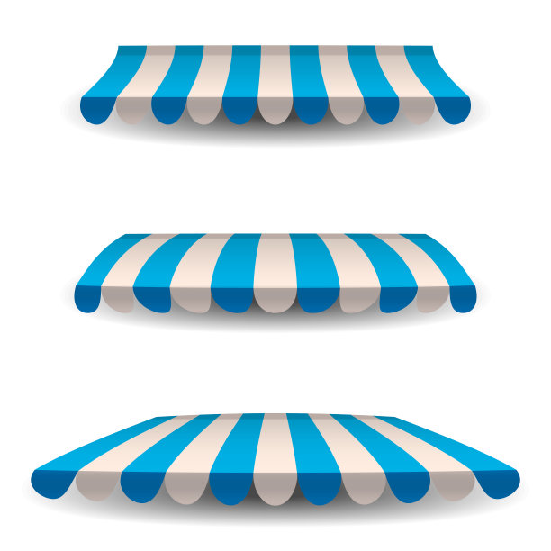 一套条纹红、蓝、橙、白遮阳篷，为店檐篷。遮阳篷为咖啡馆和街头餐馆。矢量插图孤立在白色背景。孤立的图片下载