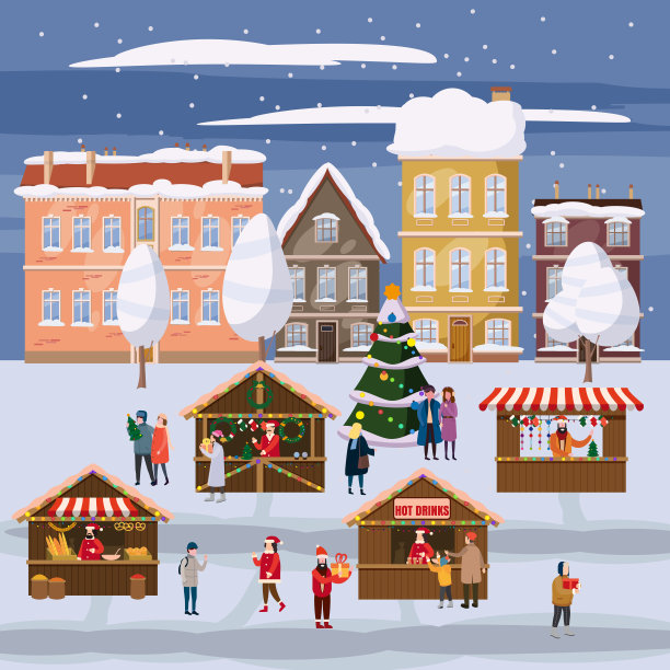 小镇广场上的圣诞集市或假日户外集市。圣诞树。人们在装饰精美的小摊、雨棚或小摊之间走动，购买零食、礼物、装饰，喝热咖啡、茶和热葡萄酒。彩色矢量插图在趋势卡通图片下载