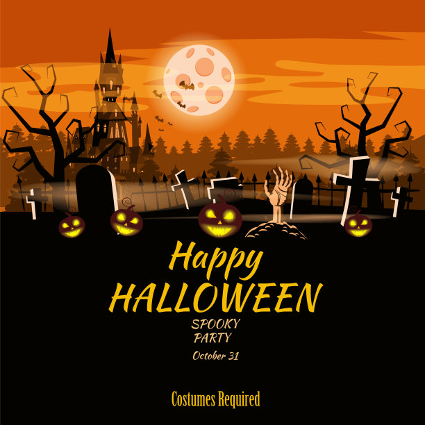 万圣节快乐的南瓜、墓地、黑色废弃的城堡、万圣节的属性、鬼魂、蜘蛛、黑猫、女巫的扫帚、昏暗的秋天的森林、全景、月亮、十字架和墓碑。向量,孤立,tem图片下载