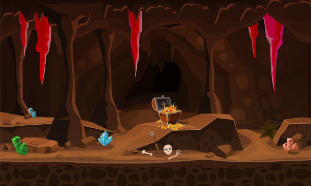 宝洞与箱子金币，宝石，水晶。概念，电脑游戏的艺术。背景图像使用游戏，应用程序，横幅，图形。向量的卡通插图图片下载