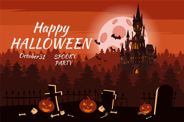 万圣节快乐的南瓜墓地，黑色废弃的城堡，阴沉的秋林，全景，满月漆黑的夜晚，十字架和墓碑，蝙蝠。矢量，孤立，节日贺卡，海报，横幅，卡通风格图片下载