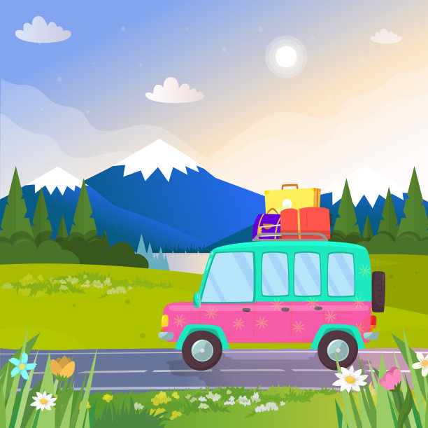 带行李的汽车在美丽的自然背景。素材图片