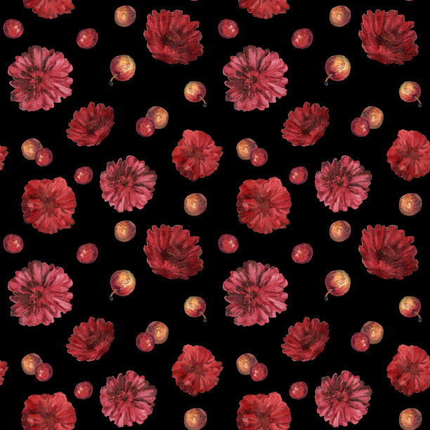 花和苹果图案。Zinnia花。油画。孤立的黑色背景。纺织品，墙纸，包装纸。颜色。图片下载