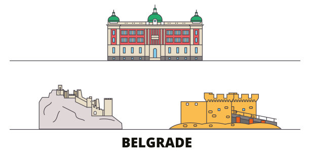 塞尔维亚，贝尔格莱德平地地标矢量插图。塞尔维亚、贝尔格莱德一线城市具有著名的旅游景点、天际线、设计。图片下载