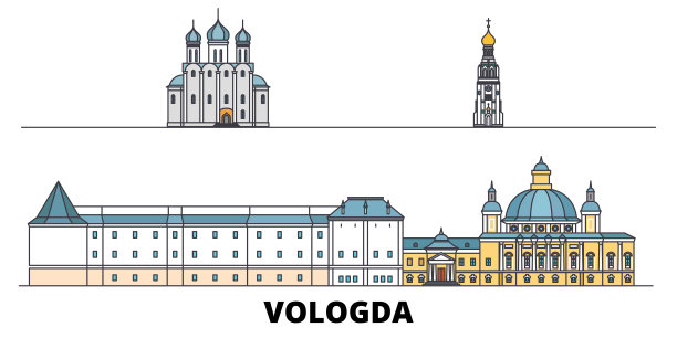 俄罗斯沃洛格达平面地标矢量插图。俄罗斯沃洛格达一线城市，拥有著名的旅游景点、天际线、设计。图片下载