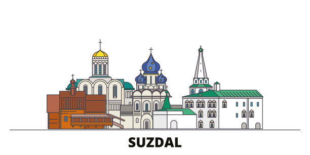 俄罗斯，苏兹达尔城平地地标矢量插图。俄罗斯苏兹达尔城一线城市以著名的旅游景点、天际线、设计。图片下载