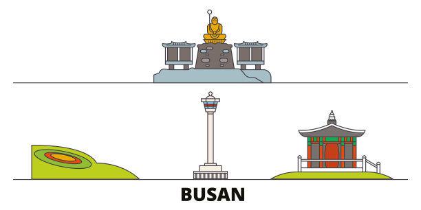 韩国釜山平面地标矢量插图。韩国釜山一线城市以著名的旅游景点、天际线、设计。图片下载