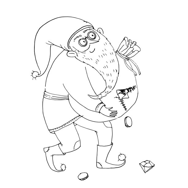 微笑的侏儒背着一个装满硬币的破袋子。黑白矢量插图着色书图片下载