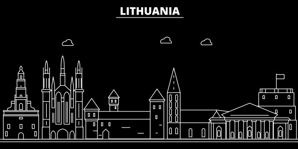 立陶宛轮廓天际线，向量城市，立陶宛线性建筑，建筑。立陶宛线旅行插图，地标平面图标，立陶宛轮廓设计横幅素材图片