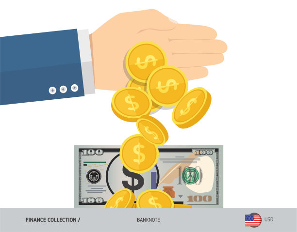 手掷硬币近100美元钞票。平面风格矢量插图。金融的概念。图片下载