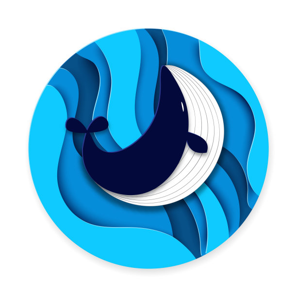 剪纸卡通鲸鱼在海上或海浪折纸时尚的工艺风格。快乐的卡通鲸鱼。海洋生物在纸艺术的深度风格。向量图片下载