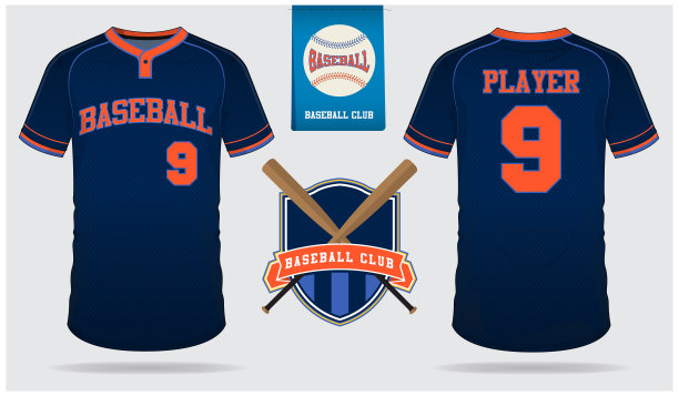 棒球衫，运动制服，拉格兰运动t恤，短，袜模板。棒球t恤模型。前后视图棒球制服。蓝色标签上的扁平棒球。向量图片下载