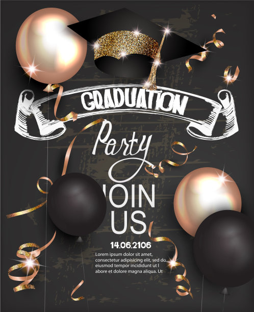 毕业晚会邀请卡，有金色的蛇，毕业帽，气球和黑板背景。矢量图图片下载