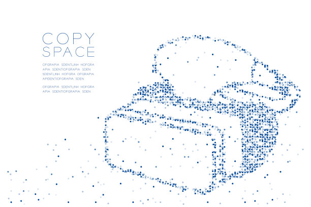 抽象几何圆点像素图案VR头盔(虚拟现实)形状设计蓝色插图在白色背景与复制空间，矢量eps 10图片下载