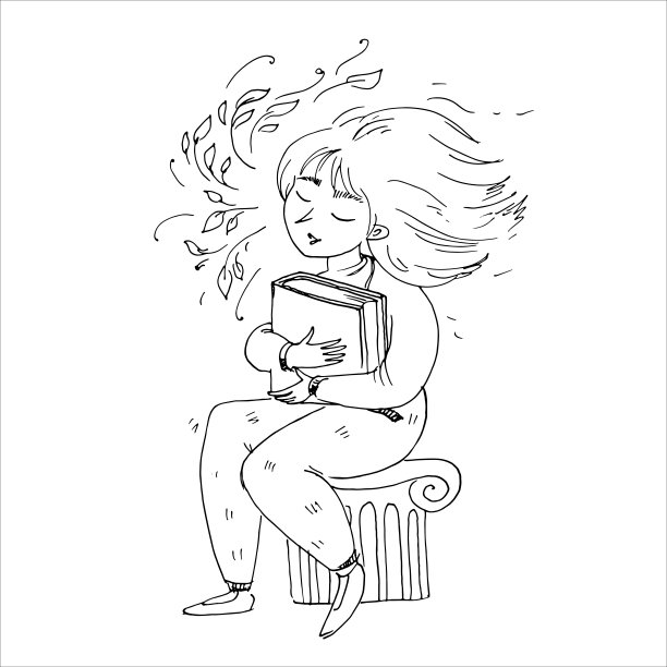 一个微笑的女孩正坐在旧柱子上，手里拿着那本大书图片下载