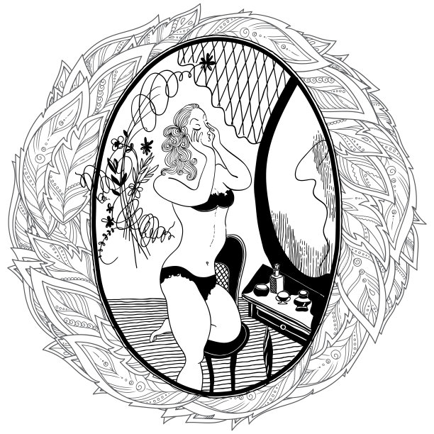 成人着色书的模式。复古女孩照镜子。图片下载