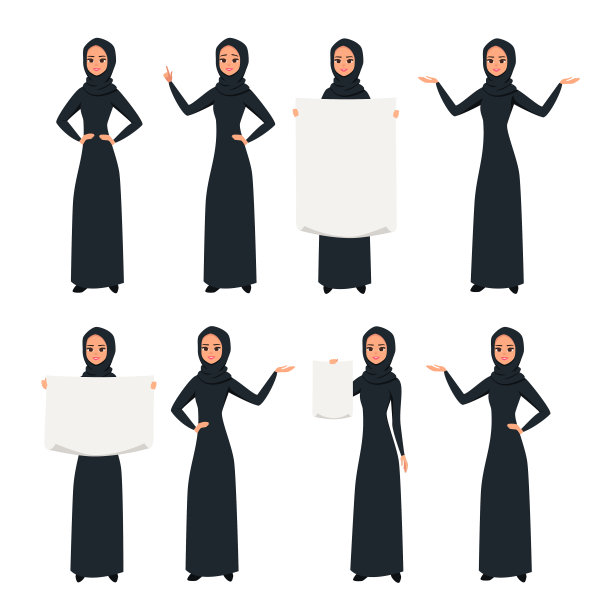 卡通阿拉伯妇女角色设计，戴着头巾展示不同姿势图片下载
