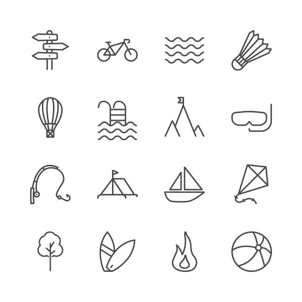 夏季设置图标向量。线条休闲集合符号孤立。时尚的平面轮廓旅游ui标识设计。薄度假图形象形图的网站，移动应用程序。标志插图。Eps10图片下载